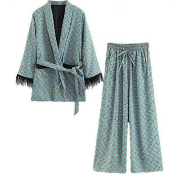 Sieviešu kostīmi, Jaunas Ielidošanas Iespiests Zilā Kimono Jaka ar Spalvu Piedurknēm Plaša Kāju bikses divdaļīga Vintage Apģērbs, Uzvalki