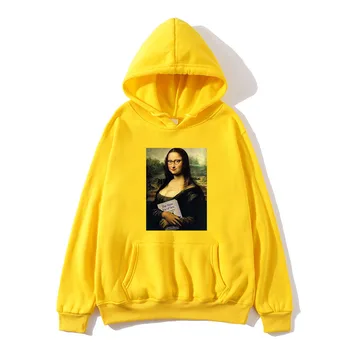 Smieklīgi Mona Lisa Drukāt Vilnas Vīriešu un Sieviešu Kapuces Džemperis, Krekls Harajuku Hip Hop Iela Krekls pelēkā vārna Gadījuma Augšu