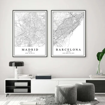 Spānijas Pilsētas Karte, Barselona Madride, Malaga, Sevilja Valencia Zaragoza Plakāti, Kanvas Gleznas, Sienas Mākslas Izdrukas Mājas Interjera Dekori