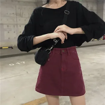 Svārki Sievietēm Bordo Cietā Mini Svārki Korejiešu Stilā Jaunu Modes Sieviešu Džinsa Augsto Vidukli, Ērti Studentiem Harajuku Atpūtas