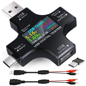 USB C Testeri,2 in 1 C Tipa USB Testeris Krāsu Sn IPS Ciparu Multimetrs,Spriegums,Strāva,Strāvas,Pretestības,Temperatūras,ar Klipu