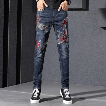 Vīrieši Hip hop Pūķa izšuvumu Slim fit Taisni Džinsi Streetwear Modes Vīriešu Kokvilnas Stiept Gadījuma Joggers džinsa bikses