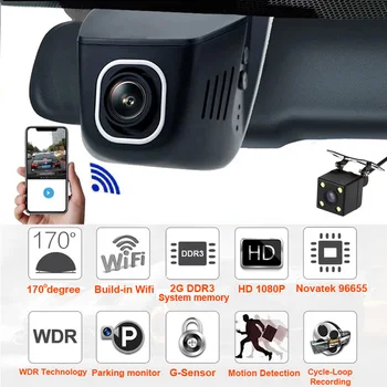 WHEXUNE Automašīnas Dvr kamera, Wifi Dash Cam FHD) 1080P Novatek 96658 Sony IMX323 Dual Objektīvs Mini Video Ieraksti 170 Grādu Nakts redzamības