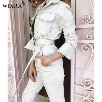 Wixra 2019 Jaunu Sieviešu Apģērbu Atdzist Garām Piedurknēm Vērtnes Jumpsuits Savukārt Apkakle Kabatas Gadījuma Cietā Playsuits Sieviešu