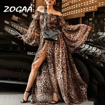 ZOGAA Sieviešu Leopards Drukāt Vasaras Kleita 2019 Sexy Slash Kakla Sadalīt Maxi Ilgi Vakara Puse Kleitas Gadījuma Vestidos Plus Izmērs XXXL