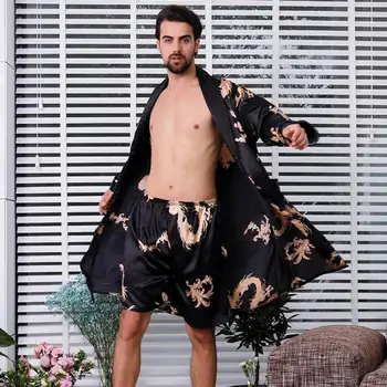 Īpaši Liels un Melns 2gab Drēbes Uzvalku Sleepwear Vīriešu Zīda Pūķis halāti Drēbes Ar Pūķi Mens Satīna Peldmētelis Zīda Kimono 5XL