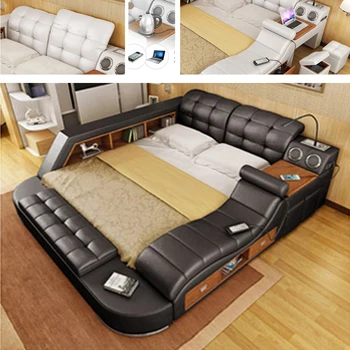 Īstas Ādas multifunkcionāla masāžas gultas rāmi Ziemeļvalstu camas ultimate gulta LED gaismas, Bluetooth skaļruni droši